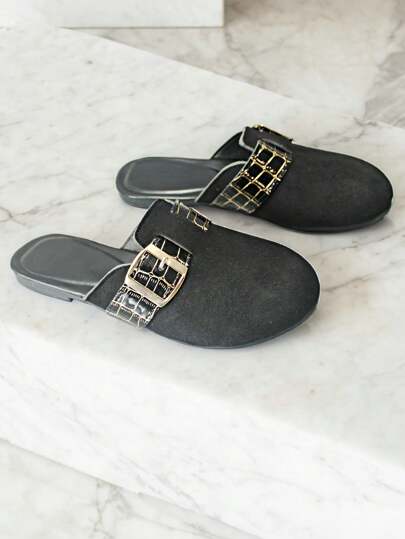 Women's Flat Sandals, Summer Round Toe Slip-On Pearl Rhinestone Embellished Flat Outdoor Walking Slippers, Versatile Casual Stone-Textured Beach Slides