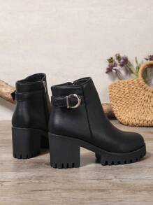 New Fashion Platform Short Boots Women Casual Thick Bottom Anti-Slip Versatile Solid Color Zippered Short Boots, Black Short Boots, Chunky Heel Short Boots, Elegant Women Ankle Boots