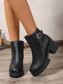 New Fashion Platform Short Boots Women Casual Thick Bottom Anti-Slip Versatile Solid Color Zippered Short Boots, Black Short Boots, Chunky Heel Short Boots, Elegant Women Ankle Boots