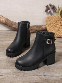 New Fashion Platform Short Boots Women Casual Thick Bottom Anti-Slip Versatile Solid Color Zippered Short Boots, Black Short Boots, Chunky Heel Short Boots, Elegant Women Ankle Boots
