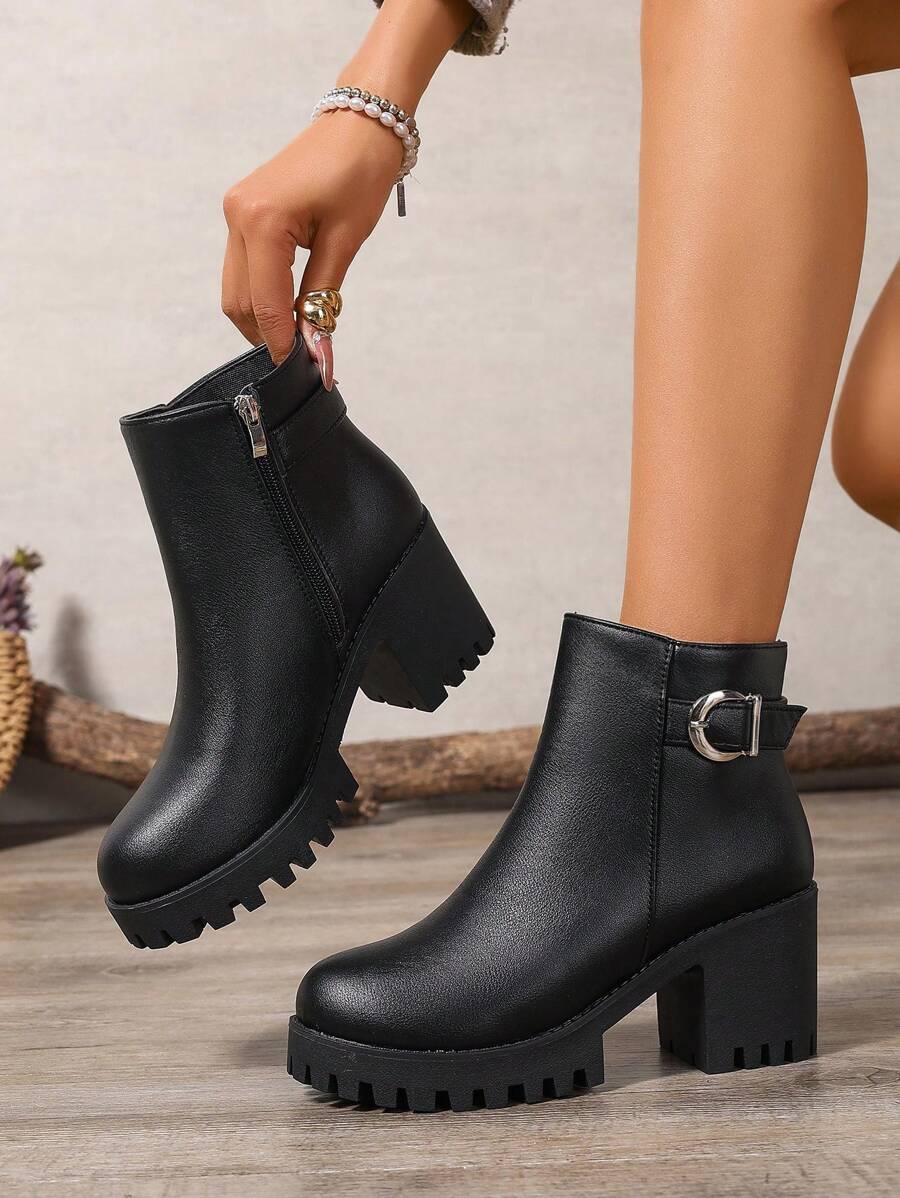 New Fashion Platform Short Boots Women Casual Thick Bottom Anti-Slip Versatile Solid Color Zippered Short Boots, Black Short Boots, Chunky Heel Short Boots, Elegant Women Ankle Boots