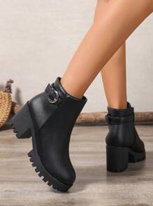 New Fashion Platform Short Boots Women Casual Thick Bottom Anti-Slip Versatile Solid Color Zippered Short Boots, Black Short Boots, Chunky Heel Short Boots, Elegant Women Ankle Boots