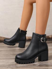 New Fashion Platform Short Boots Women Casual Thick Bottom Anti-Slip Versatile Solid Color Zippered Short Boots, Black Short Boots, Chunky Heel Short Boots, Elegant Women Ankle Boots
