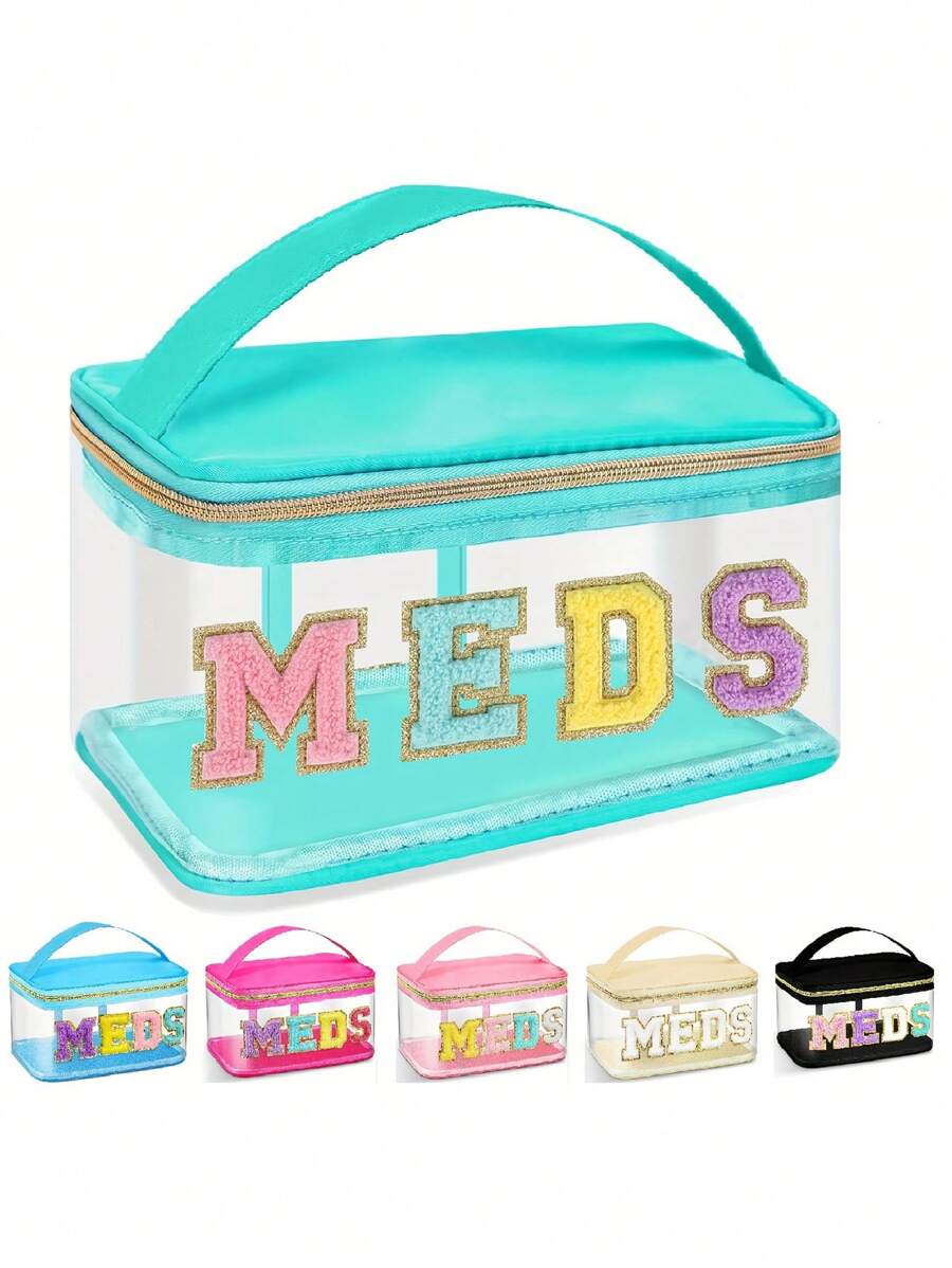 1 pièce Sac de maquillage minimaliste de couleur unie, imprimé de lettres en chenille, organisateur de voyage et de dortoir pour femmes, grande capacité, imperméable et portable, excellent cadeau pour maman, accessoire de voyage, trousse de maquillage multifonctionnelle pour les fêtes, fournitures scolaires, étui à cosmétiques, organisateur de cosmétiques, cadeau d'hiver pour elle - Multicolore - Voir 1