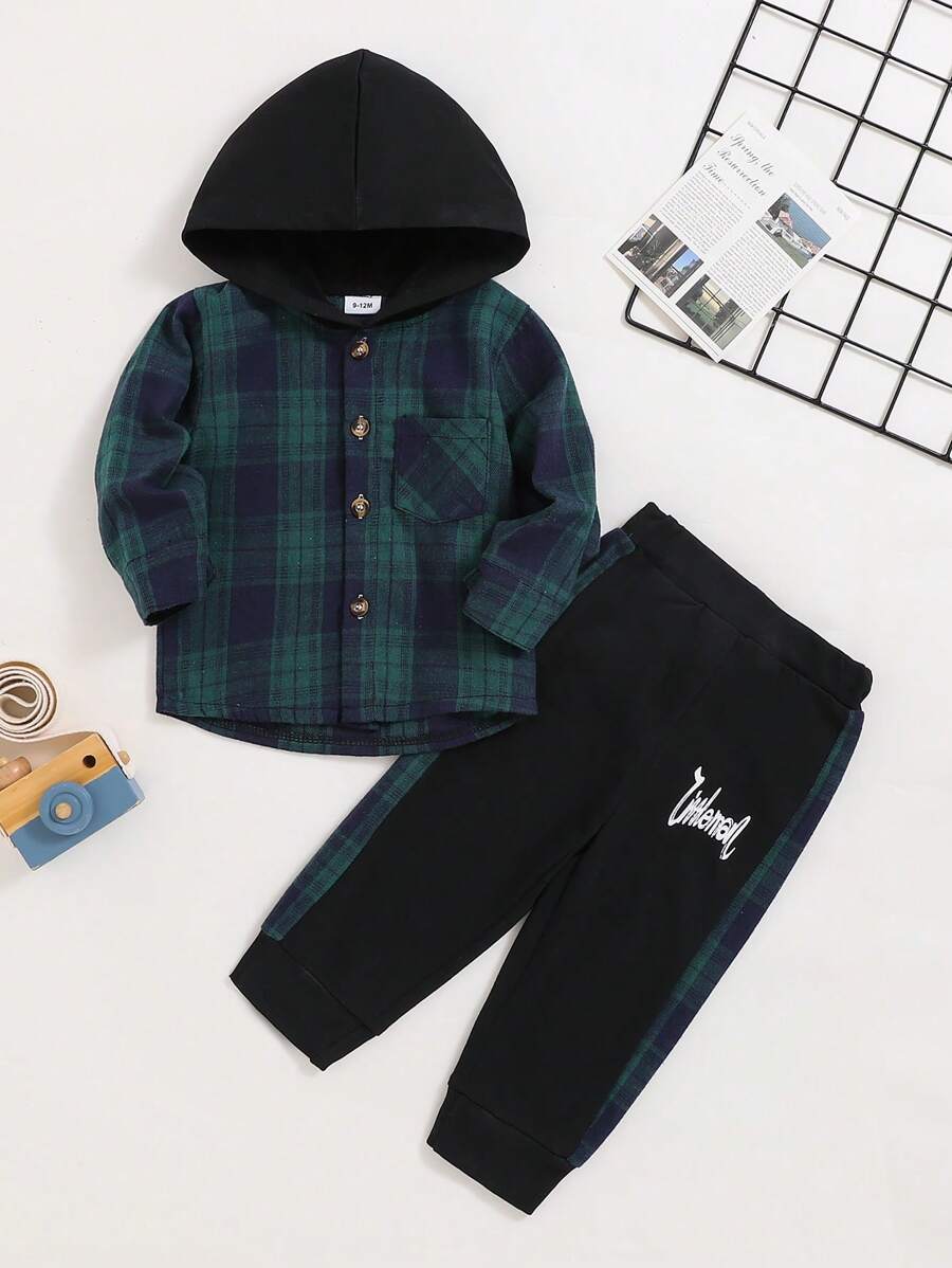 Toddler Baby Boys Clothes Flannel Lattice Button Down Hooded Tops +Pants Boys Fall Winter Outfits - Green - View 1