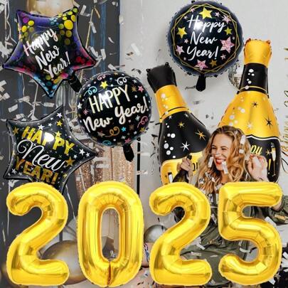 10 件/套 2025 新年快乐黑金铝箔气球组合，包括金色 2025 数字、瓶子、香槟杯、黑色五彩纸屑铝箔气球，适用于 2025 黑金新年派对、除夕装饰、生日、毕业典礼、照相亭、节日、啤酒主题派对、单身派对、周年纪念日、圣诞节