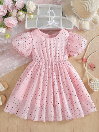 春夏新款女童可爱圆点泡泡袖连衣裙