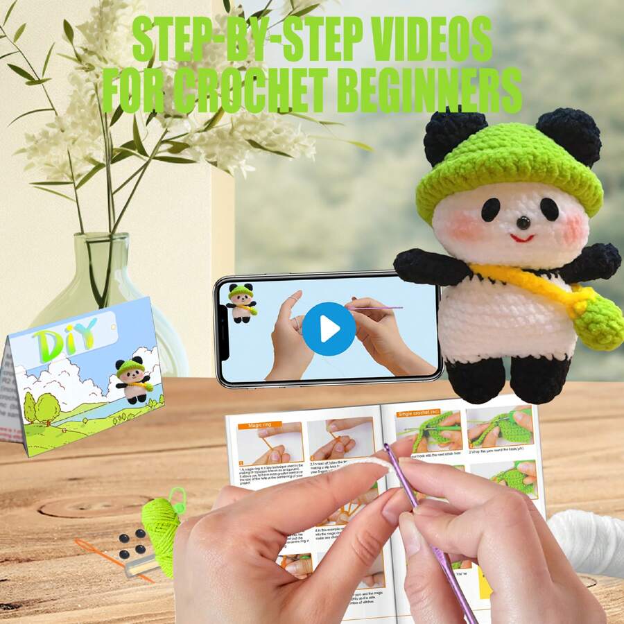DIY Green Frog Hat Panda Crochet Kit For Beginners, Amigurumi Stuffed Animals - Gift Animal Crochet Starter Kit All-In-One Complete Crochet Kit Learn To Crochet Sets With Instructions And Step By Step Video Tutorials - White - View 1