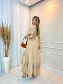 Vestido Feminino Transpassado liso - Bege - Visão 3