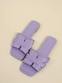 2024 新款方头平底露趾凉鞋，纯色时尚休闲女士拖鞋 - 紫色 - 查看 1