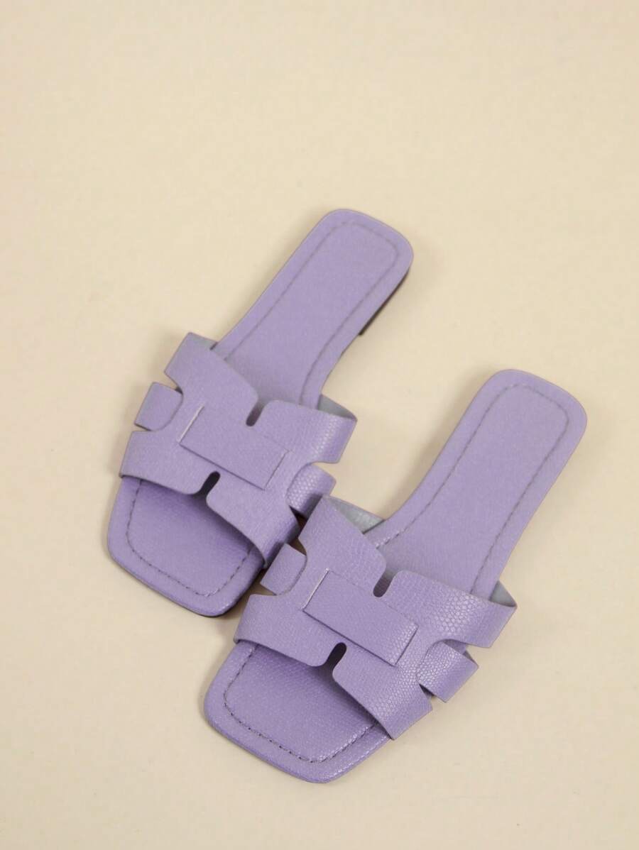 2024 新款方头平底露趾凉鞋，纯色时尚休闲女士拖鞋 - 紫色 - 查看 1