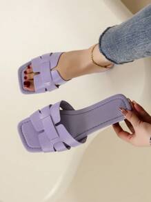 2024 新款方头平底露趾凉鞋，纯色时尚休闲女士拖鞋 - 紫色 - 查看 2