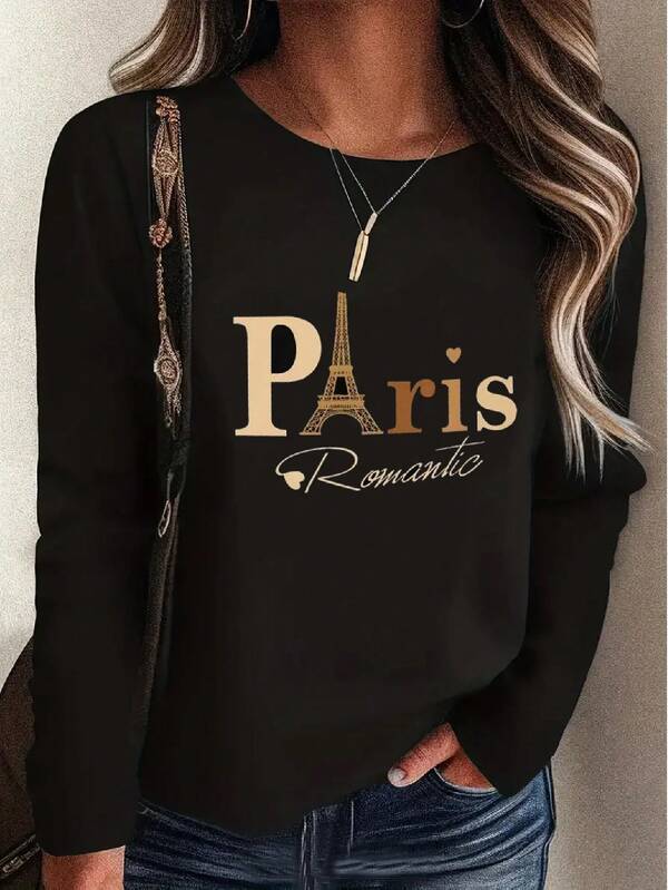 Paris Tower Print, Black Long-Sleeved Casual Top T-Shirt, Autumn/Winter, Women's Wear