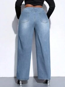 Damen Große Größen Lässige Ausgehmode Hoher Bund Elastische Gerade Jeans, einfarbig, schlicht, geeignet für tägliche Reisen