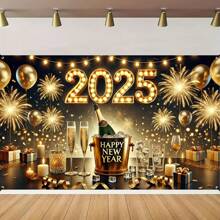1 件，2025 年新年快乐派对横幅，香槟和烟花设计，涤纶，无需电源 - 非常适合庆祝和摄影最佳礼物 - 彩色 - 查看 4