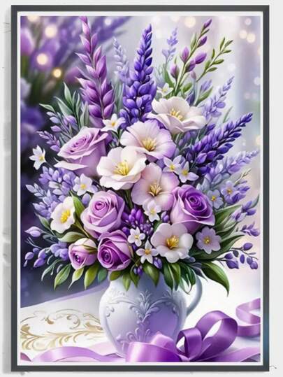 1pc 5D Purple Floral Rhinestone Art DIY Kit - Acrylic Art Canvas Diamond Painting Home & Garden Decor, Perfect Handmade Gift For Family, Canvas Material