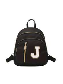 女士尼龙材质时尚背包，毛巾布刺绣字母A-Z，多功能时尚设计，拉链封口，大容量学生书包，多口袋设计，适合女孩、小女孩、小学和初中学生使用，可用于上学、旅行、送亲友、生日礼物、旅行用品等。 - 黑色 - 查看 12