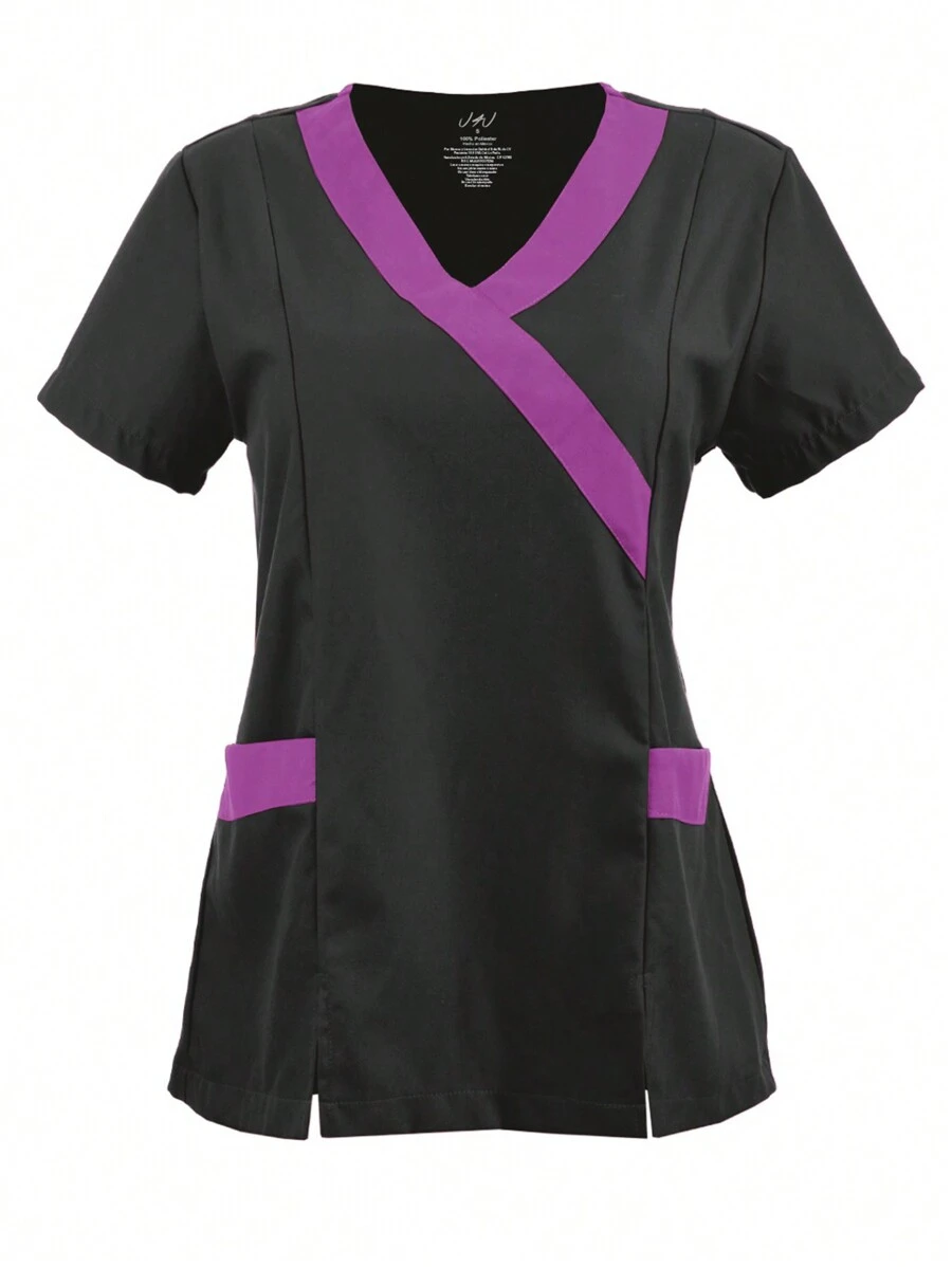 U4U Uniforms Women's Filipina V-Neck Crossover With Elastic Back - Hitam dan Bugambilia - View 1
