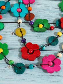 Boho Multi-Layer Colorful Flower Pendant Necklace, Handmade Woven Coconut Shell Fashion Jewelry