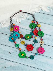 Boho Multi-Layer Colorful Flower Pendant Necklace, Handmade Woven Coconut Shell Fashion Jewelry