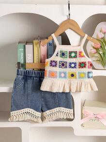 2pcs Baby Girl Boho Style Crochet Trim Camisole And Tassel Hem Denim Shorts Set - Apricot - View 1