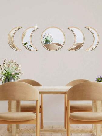 Juego de 5/7 piezas de espejo acrílico con degradado de fases lunares con marco de base de madera. Diseño adhesivo DIY que permite una disposición personalizable y fácil remoción. Ideal para salas de estar, dormitorios, estudios, áreas de comedor, espacios de alquiler, baños, entradas y pasillos. Diseño moderno y creativo con toque artístico para decoración de pared. Perfecto para decoraciones de pared de Ramadán, acentos interiores del Día de San Valentín, adornos de Año Nuevo y exhibiciones de primavera.