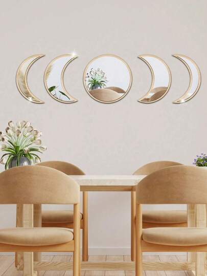 5/7-Piece Gradient Moon Phase Acrylic Mirror Wall Decal Set With Wooden Base Frame DIY Adhesive Backing Allows For Customizable Arrangement And Easy Removal Ideal For Living Rooms, Bedrooms, Studies, Dining Areas, Rental Spaces, Bathrooms, Entryways, And Hallways Modern Creative Design With Artistic Flair For Wall Decor Perfect For Ramadan Wall Decorations, Valentine's Day Interior Accents, New Year Ornaments, And Springtime Displays