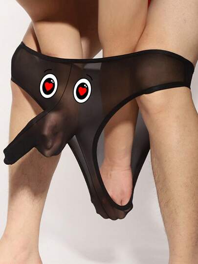 Ropa interior tipo tanga sexy para hombres con estampado de ojo de corazón, tela de malla, diseño de elefante, tanga sin costuras de cintura baja