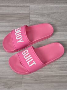 新款时尚女式拖鞋，柔软橡胶鞋底，纯色设计，高级字母图案，室内家居拖鞋，浴室拖鞋，休闲透气，简约百搭，适合通勤、度假、聚会等各种场合，四季皆宜，减震卧室拖鞋 - 玫紅色 - 查看 11