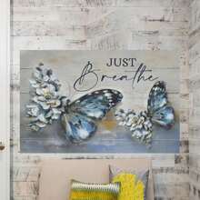 Farmhouse Blue Butterfly Flower Decor Wall Art Vintage Rustic Country Butterfly Just Breathe Pictures Wall Decor Canvas  Prints Artwork Home - Framed - View 6