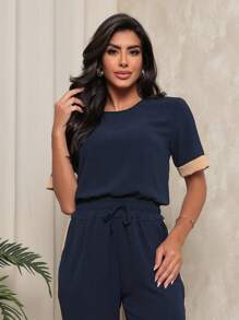 Trouser And Blouse Set With Button Detail On The Sleeves - Navy Blue - View 4