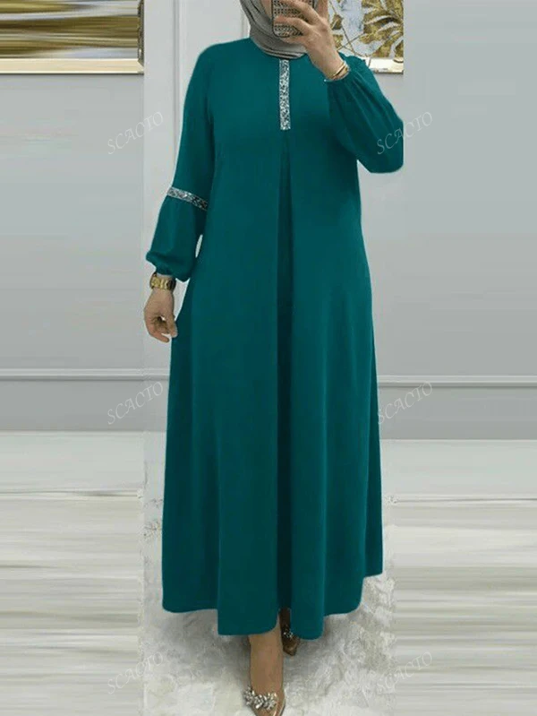 Scacto Vestido elegante de unicolor con cuello redondo, mangas farol, pliegues y acentos de lentejuelas con un ajuste holgado ideal para uso diario, en el hogar y en ocasiones de fiesta, de estilo modesto y fashionable