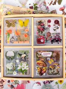 100 张复古花朵美学贴纸套装，可爱花卉植物蘑菇蝴蝶 PET 透明自粘剪贴簿贴纸，适用于日记笔记本电脑手机壳笔记本礼品标签相册