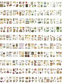 100 张复古花朵美学贴纸套装，可爱花卉植物蘑菇蝴蝶 PET 透明自粘剪贴簿贴纸，适用于日记笔记本电脑手机壳笔记本礼品标签相册