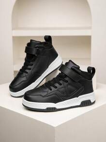 1 par de zapatillas deportivas casuales de caña alta para niños, diseño de bloques de color, cierre de , fácil de poner y quitar, adecuado para todas las estaciones - Negro - Ver 3