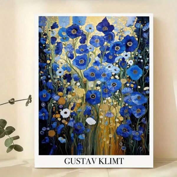 1pc Gustav Klimt Blue Botanical Canvas Art Posters - Frameless Plant Wall Arts, Suitable For Living Room, Bedroom, Home Office - Retro And Modern Styles Gifts Birthday Graduation