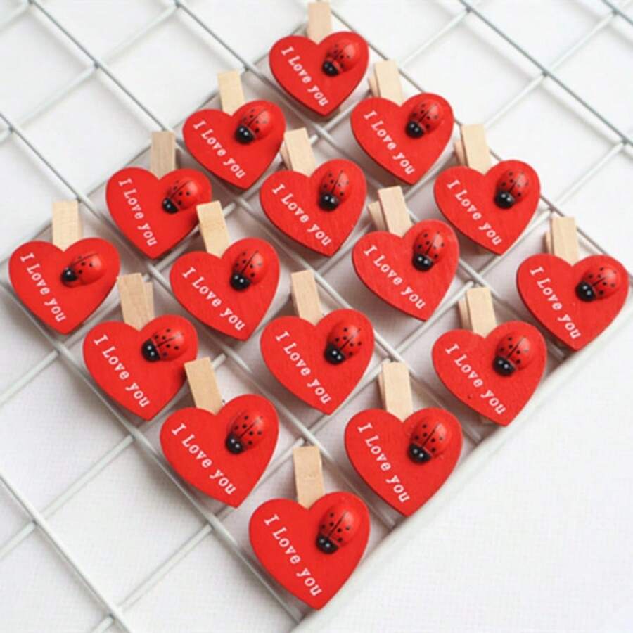 LIXUN 50pcs/100pcs Wooden Heart-Shaped Clip, Red Heart Clip, Creative Gift, Wedding Valentine's Day Small Wooden Clip, Photo Cartoon Countryside Style Birch Clip ,Valentine's Day ,Valentines Decorations ,Valentines Gifts,Home Decor ,Room Decor,Wall Decor