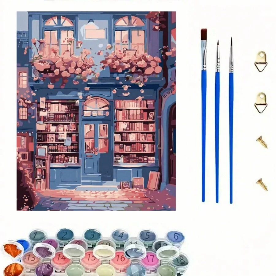 成人 DIY 丙烯数字绘画套装 - 无框 16x20 英寸画布,无卷曲和皱纹设计,美丽的书店场景,适合家居装饰和独特的礼物、数字绘画、旅行墙艺术 - 彩色 - 查看 1
