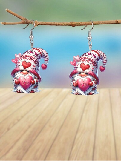 1 Pair Valentine's Day Pink Heart Gnome Acrylic Earrings Fashion Drop Earrings For Women Bridal Wedding Earrings Holiday Earrings Valentine's Day Gift For Women Wife Girlfriend