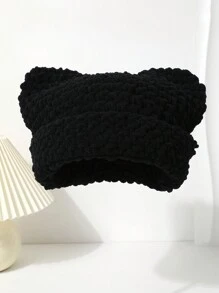 1 pieza Gorro de punto hecho a mano de unicolor con orejas de gato, nuevo gorro de punto grueso para protección de orejas en otoño/invierno, sombrero versátil y de moda único para mujer