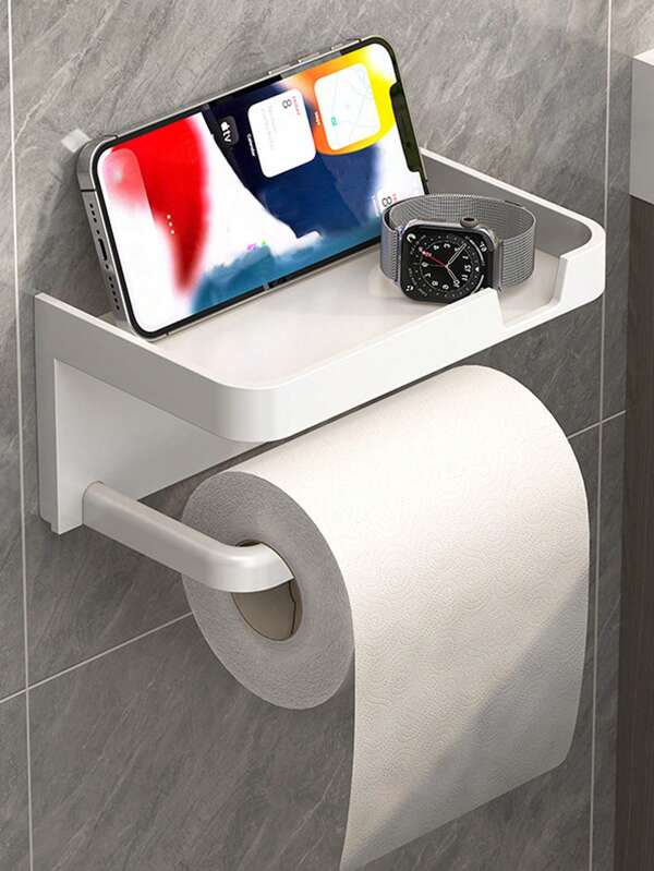 1 pezzo Portarotolo di carta igienica in plastica bianca, rastrelliera da parete in bagno in plastica, portarotolo di carta igienica impermeabile, contenitore multifunzione per telefono cellulare e accessori da bagno, accessori per il bagno e la doccia, organizer per il bagno, complemento d'arredo estivo per il rientro a scuola