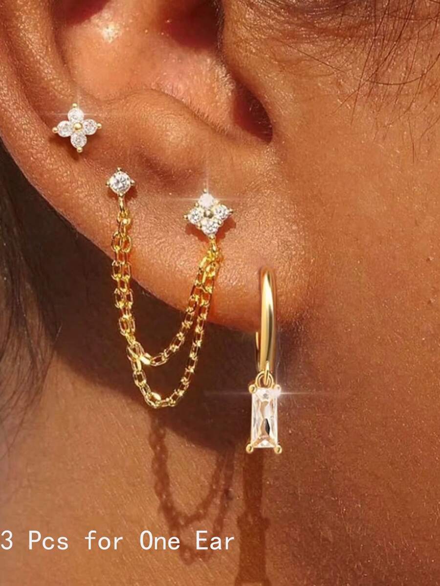 3pcs Stainless Steel Earring Set, Women Flower Cartilage Earrings, Fashion Jewelry; Low Allergy 14K Gold Plated Pendant Earrings, Delicate Long Chain Earrings, Gift For Valentine's Day, Mother's Day - Gold - View 1