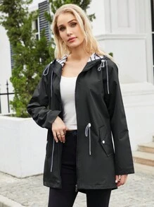 Spring/Autumn Long Sleeve Hooded Waterproof Mid-Long Windbreaker Jacket For Women Outdoor Activities