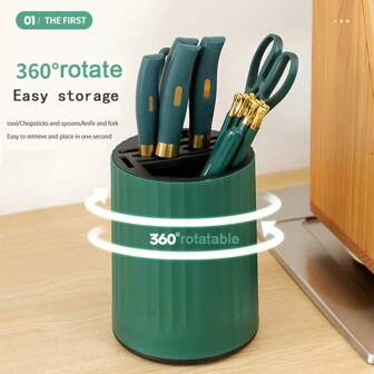 Rotating Kitchen Knife Holder, Multi-Functional Knife Rack And Chopstick Caddy For Cutlery & Utensil Storage