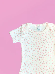 Short Sleeve Bodysuit With Suedine Flower - 100% Cotton - Màu hồng gỉ - Xem 3