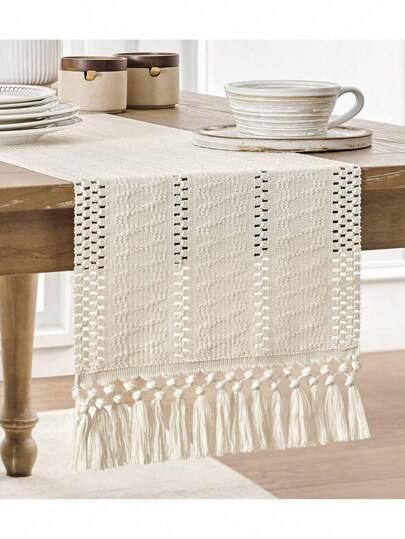 波西米亚风桌旗，家居装饰，乡村风桌旗，奶油色和棕色流苏编织桌旗，适用于波西米亚餐厅、卧室装饰、乡村风新娘送礼会、婚礼桌布、婚礼装饰、家居装饰、房间装饰、派对礼品、新娘礼物、生日、毕业典礼、生日装饰、派对装饰、单身派对