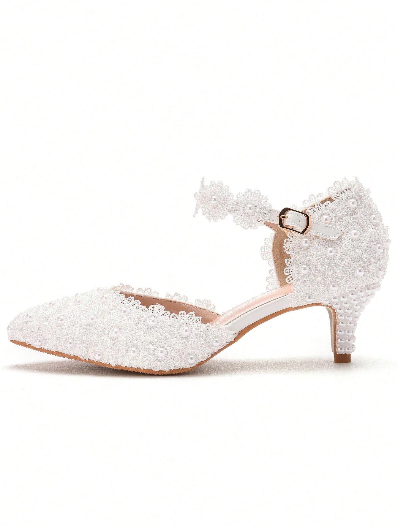 صنادل زفاف بكعب منخفض من الدانتيل الأبيض 5 سم للنس...