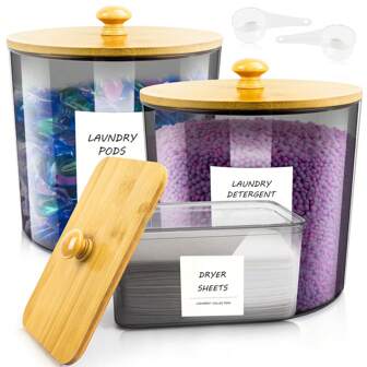 3 件装亚克力洗衣粉容器和烘干机纸架，带盖子、标签和勺子 - 洗衣粉收纳盒和豆荚、珠子、肥皂、香味增强剂的储存罐