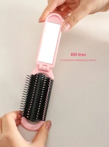 1pc Foldable Pink Comb With Built-In Mirror, Portable Travel Hairbrush, Convenient Storage, Great Gift For Women,Hair Brush,Comb,Hair Tools,Hair Products And Accessories For Barber Salon Beauty Travel Essentials,Back To School,Travel Holiday Essentials,Hair Accessories For Women