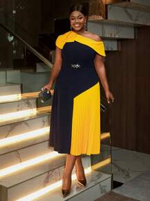 Plus Size Women Asymmetrical Collar Pleated A-Line Commuter Dress - Navy Blue - View 5